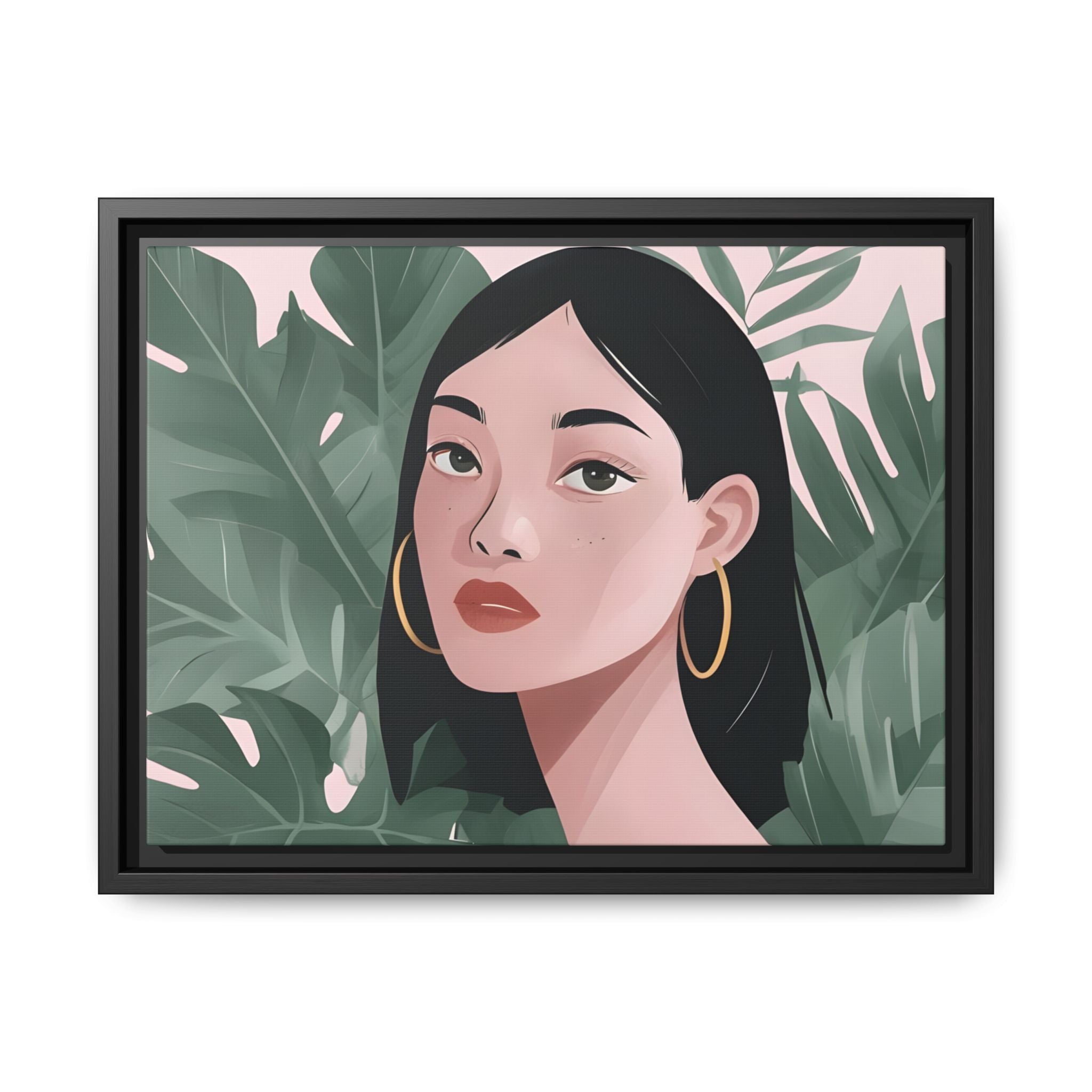 Canvas Print - Woman with Black Hair and Green Leaves