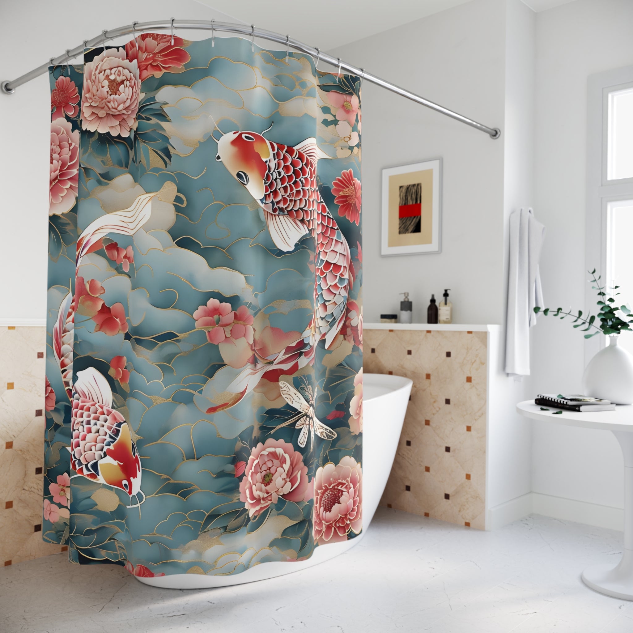 Shower Curtain, Dusch Vorhang - Koi und Blumen Design