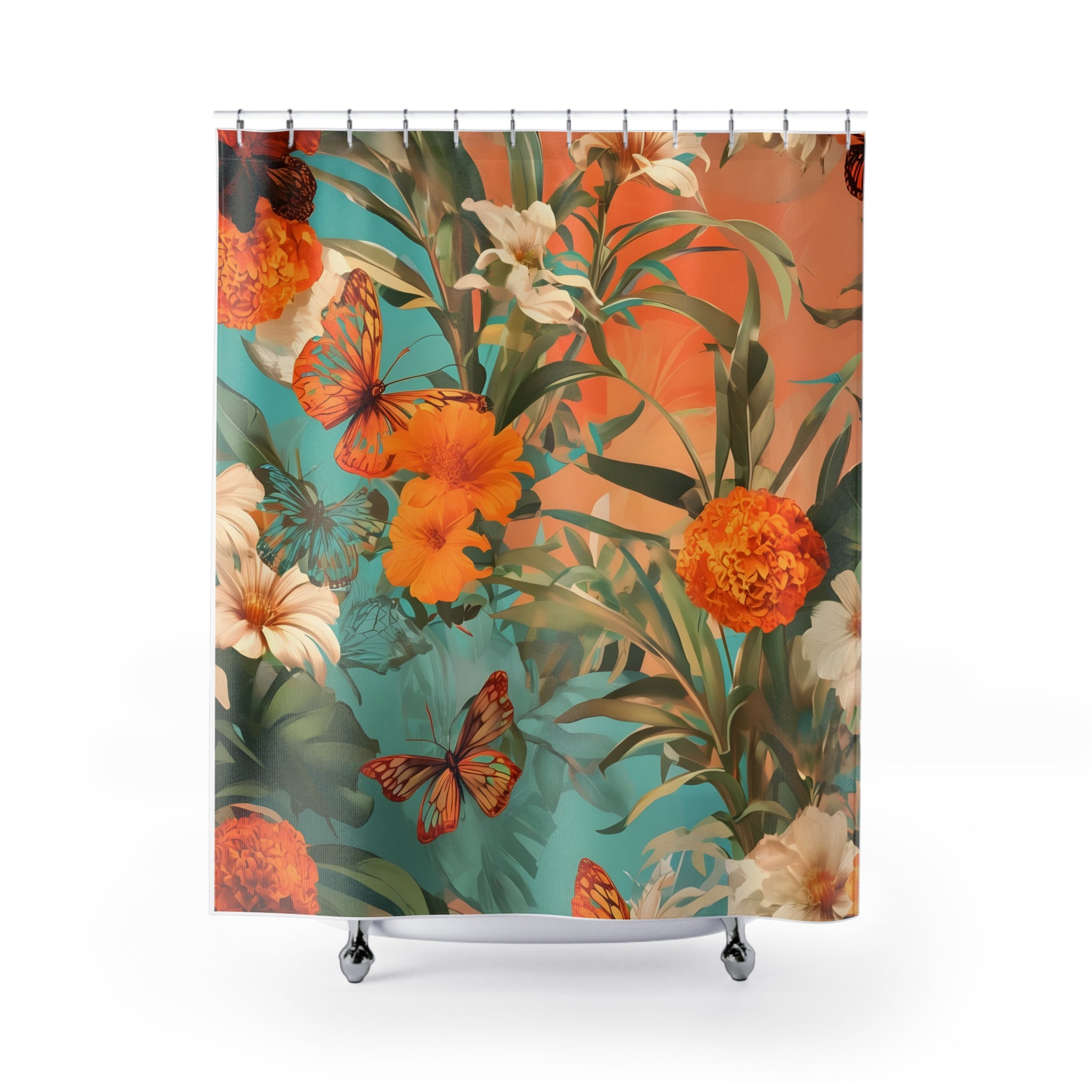 Shower Curtain, Duschvorhang - Orange und Türkis Blumen Design