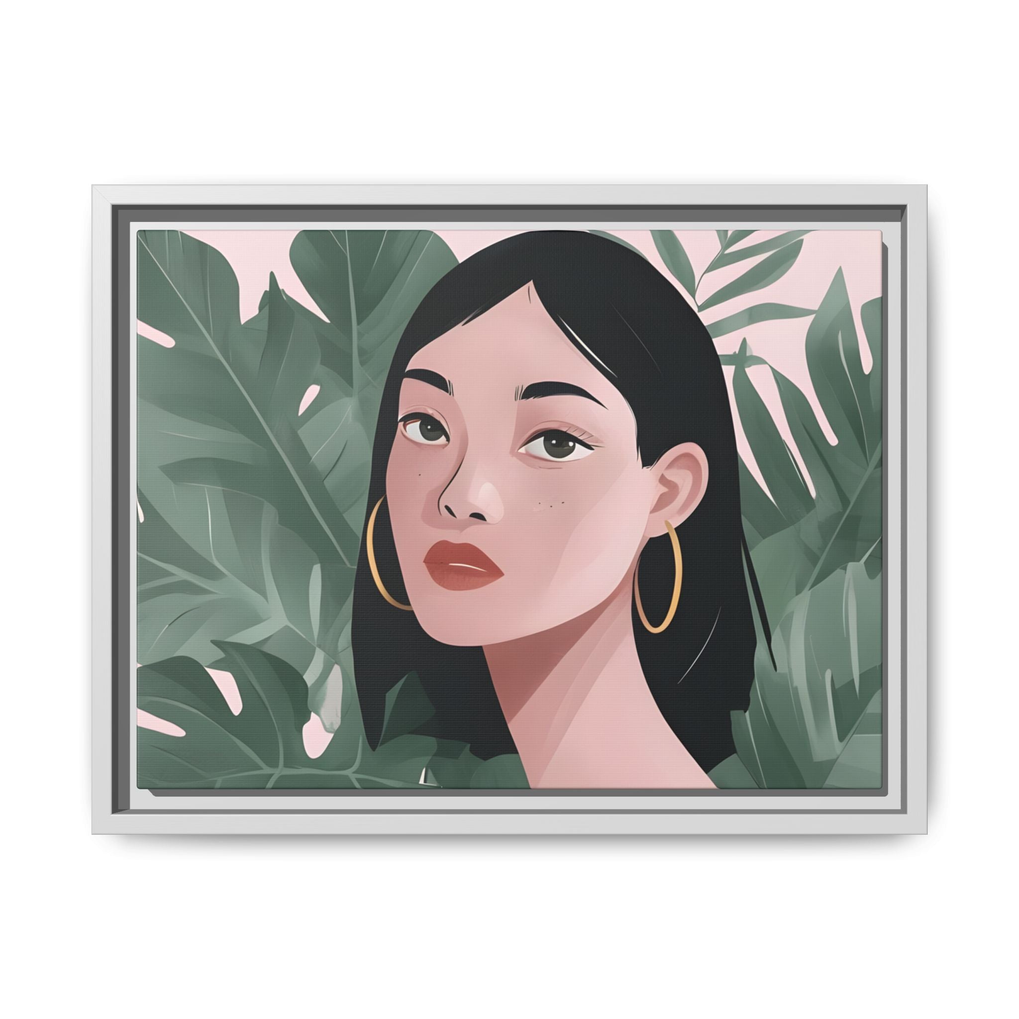 Canvas Print - Woman with Black Hair and Green Leaves