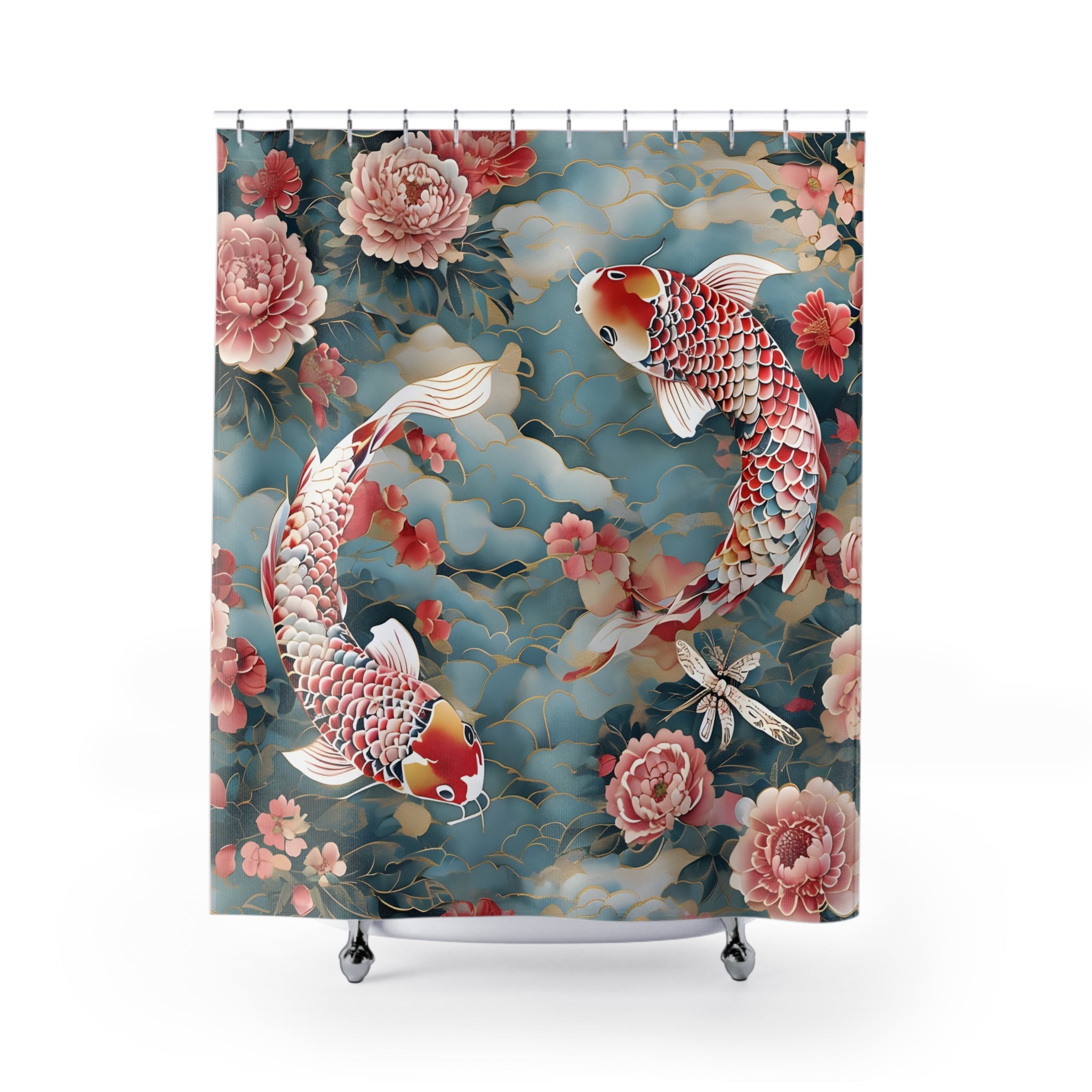 Shower Curtain, Dusch Vorhang - Koi und Blumen Design